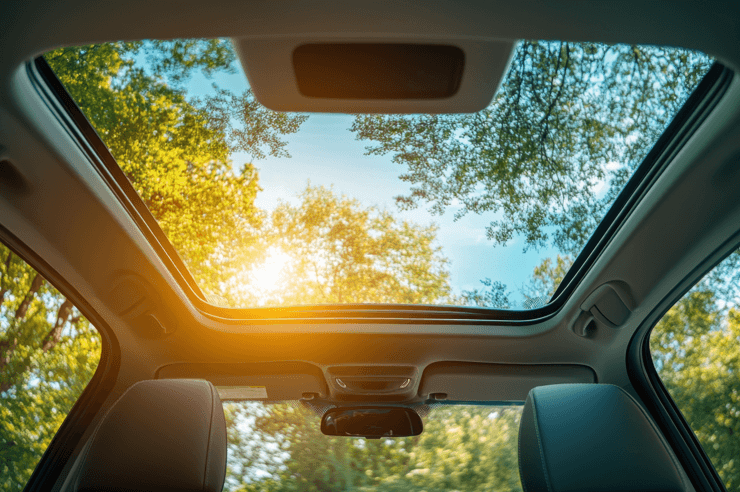 Sunroof glass damage and repair Damaged car sunroof glass being inspected for replacement